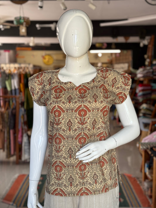 Beige Brown floral handloom cotton, natural dyed top