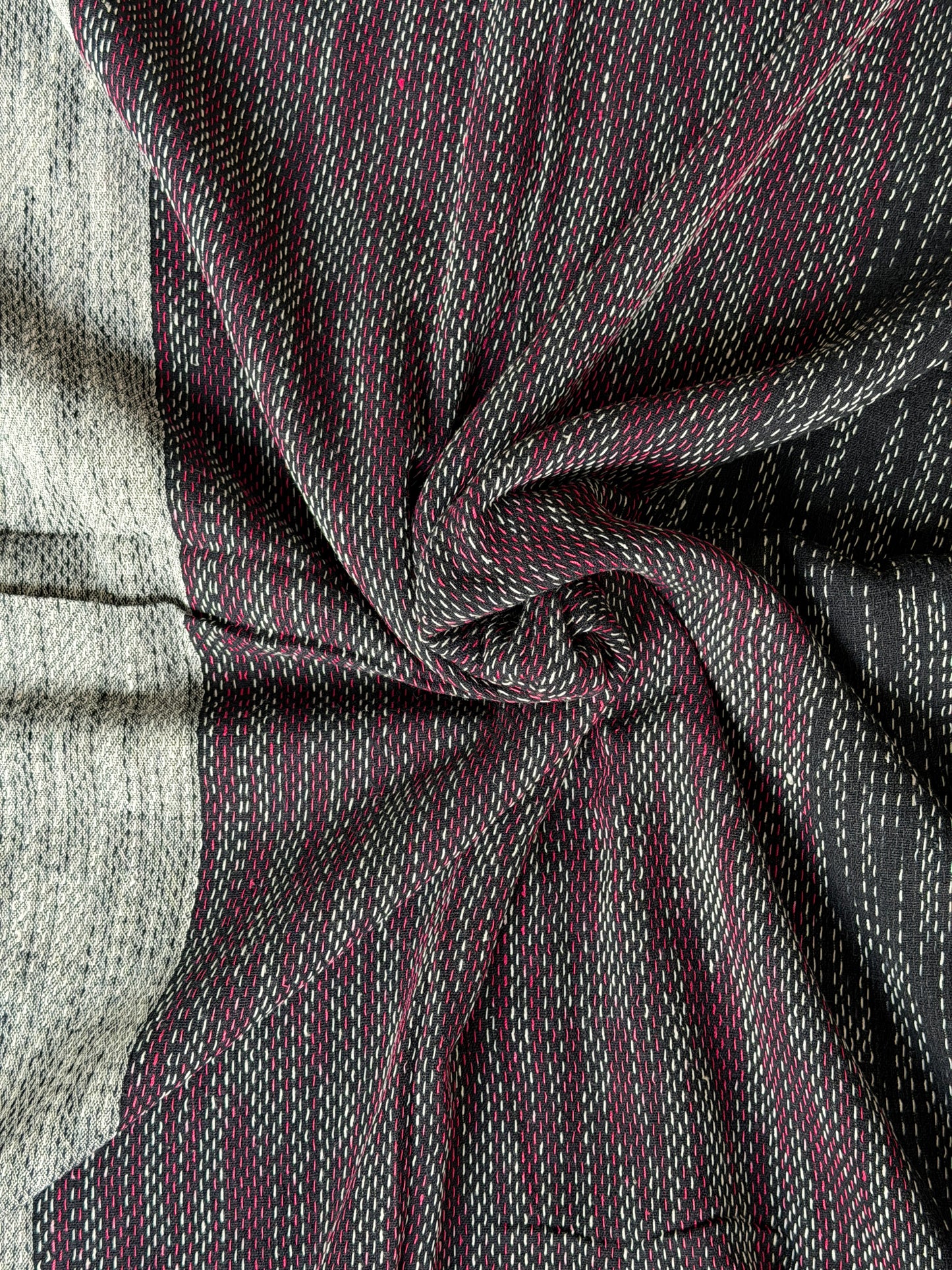 Grey and black, 3 panels design cotton hand spun, hand woven fabric with woven Kantha stripes