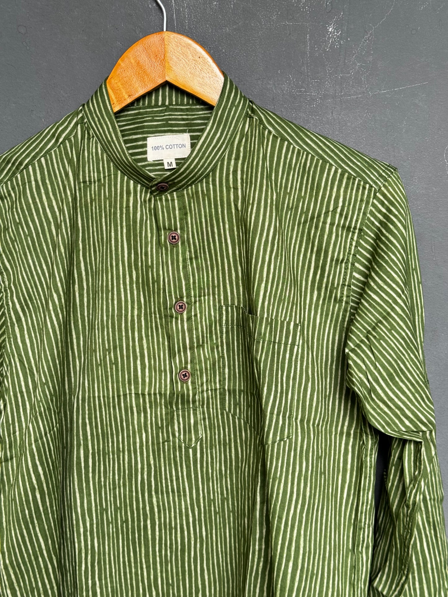 Dark green stripes handblock printed full sleeves cotton short kurta for men