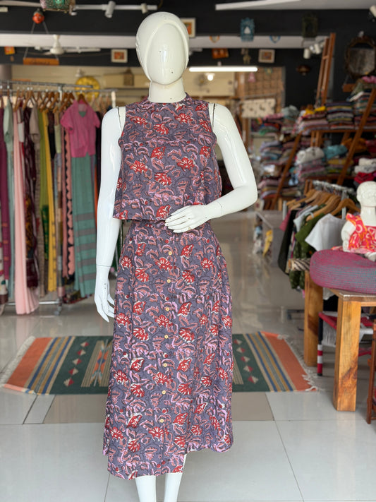 Purple floral hand block printed cotton coord set with sleeveless crop top and skirt with front buttons detailing