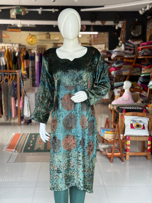 Green velvet straight kurti with Ajrakh hand block prints and long sleeves