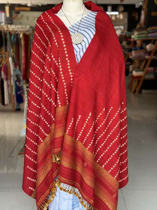 Red hand woven Marino wool shawl with bandini tie n dye