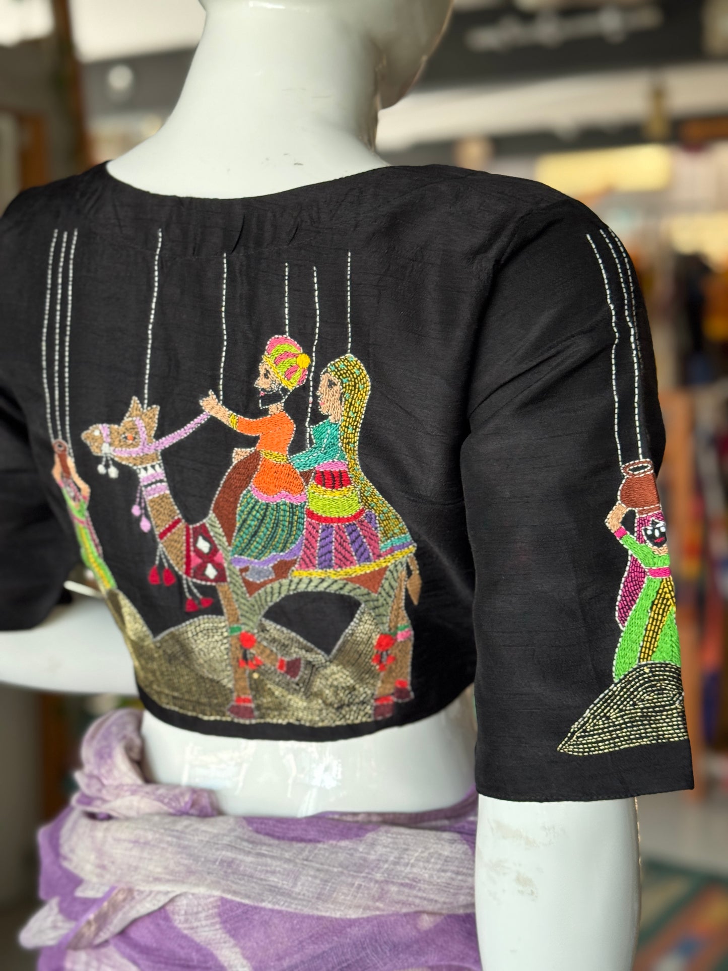 Black camel safari couple - Kantha hand embroidered silk blouse