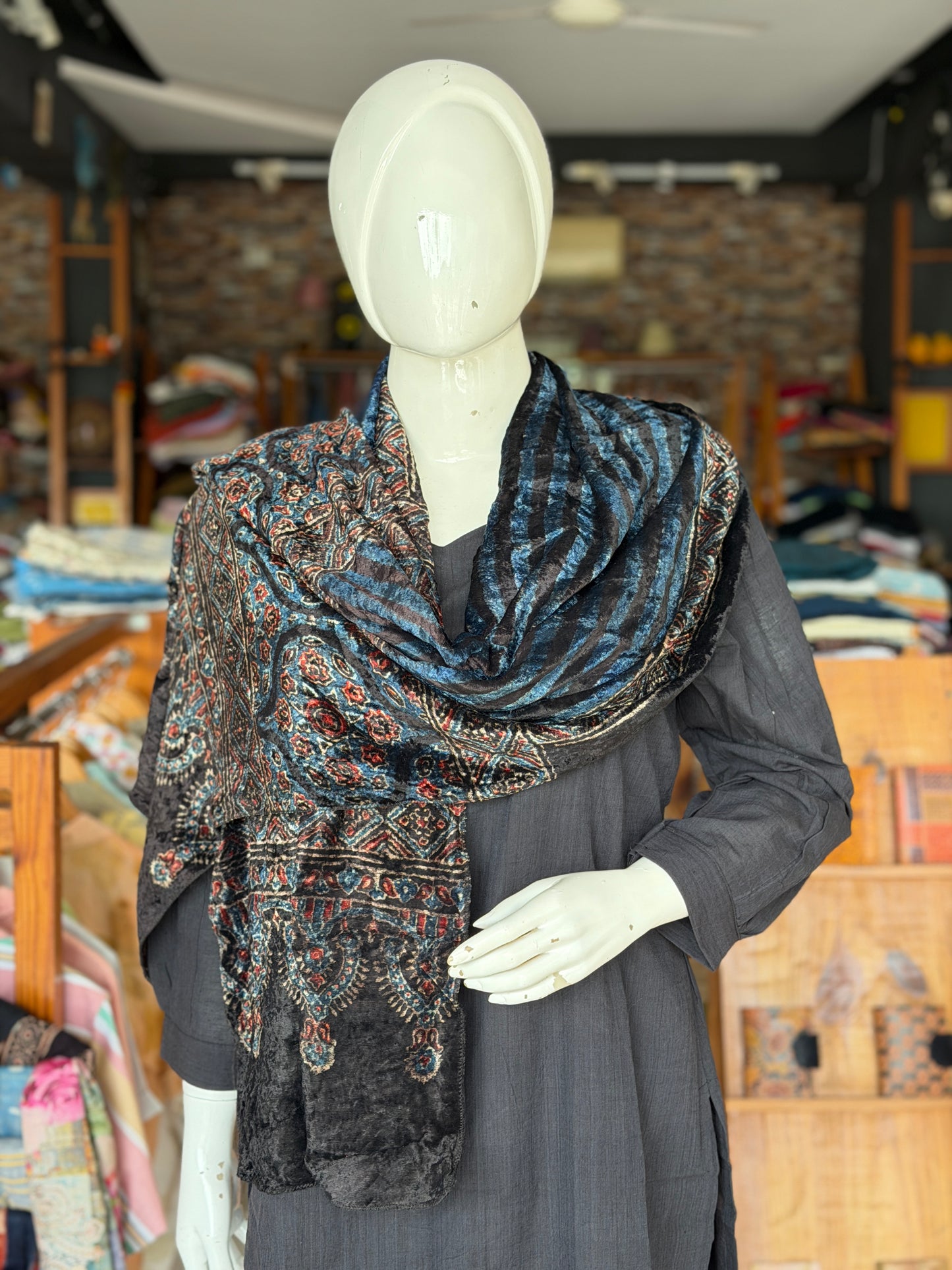 Luxurious Ajrakh hand block printed velvet stole