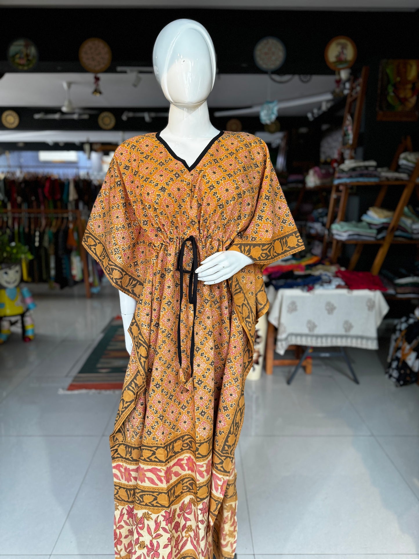 Hand block printed cotton long kaftan nighty