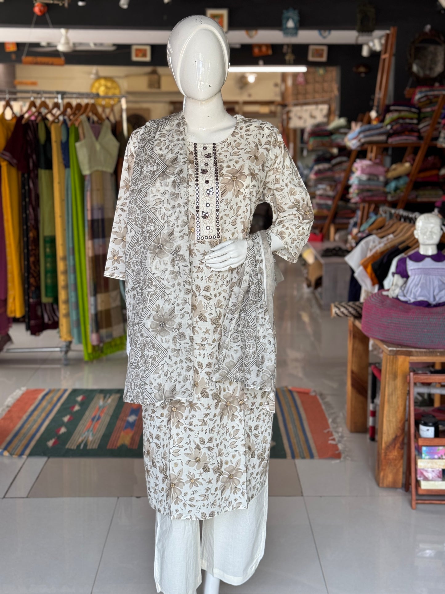 Brown floral on off white base - plus size cotton embroidered straight kurti, pants and dupatta - 3 piece suit set - multiple sizes available