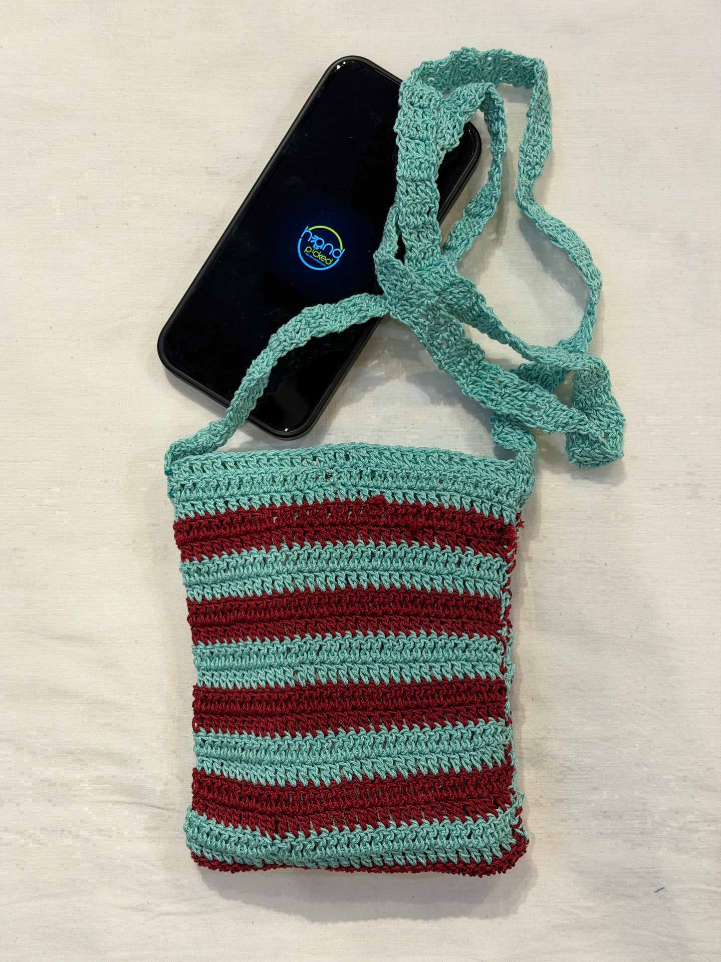 Sling bag for mobile phones - handcrafted crochet bag with click button closure - color options available