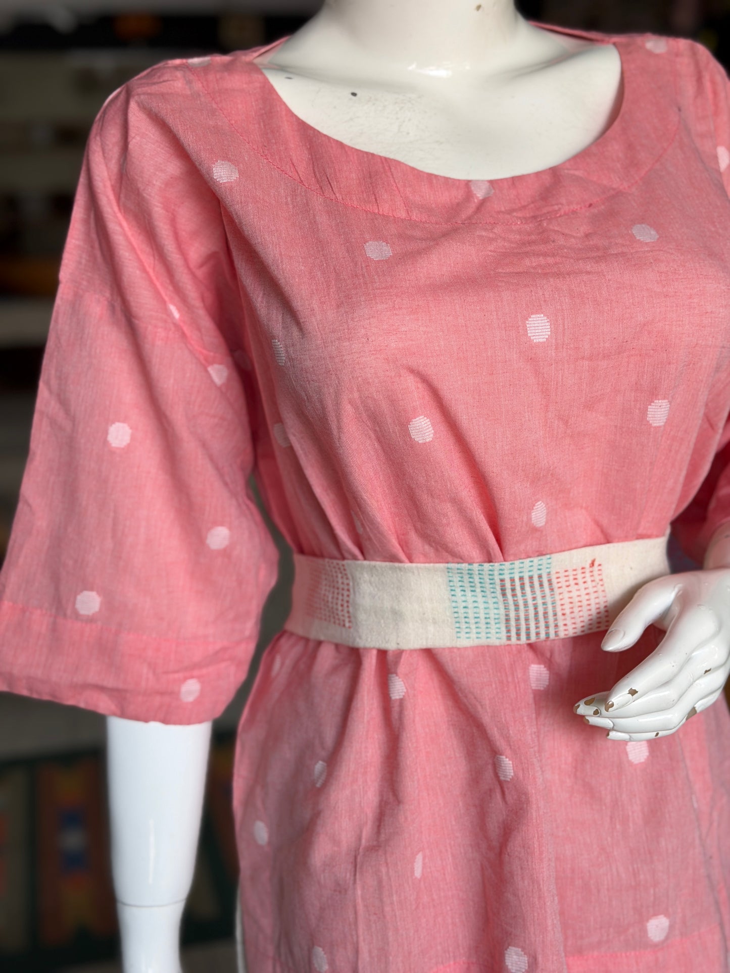 Peach Jamdani boxy handloom cotton top with hand woven fabric belt