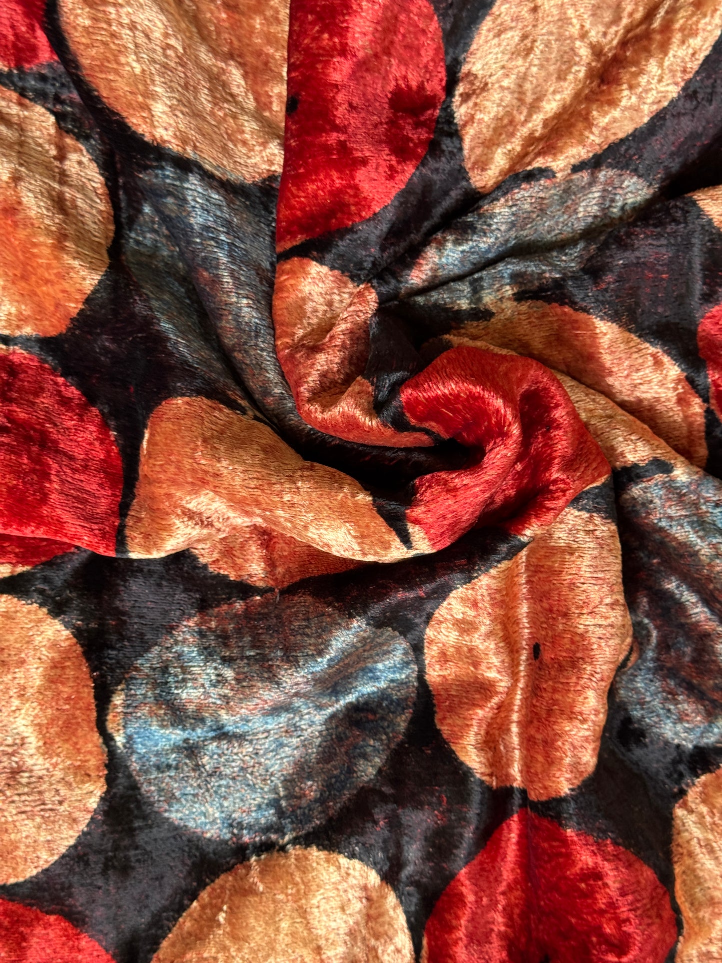 Big maroon and beige circles on black velvet base -  Ajrakh hand block printed fabric