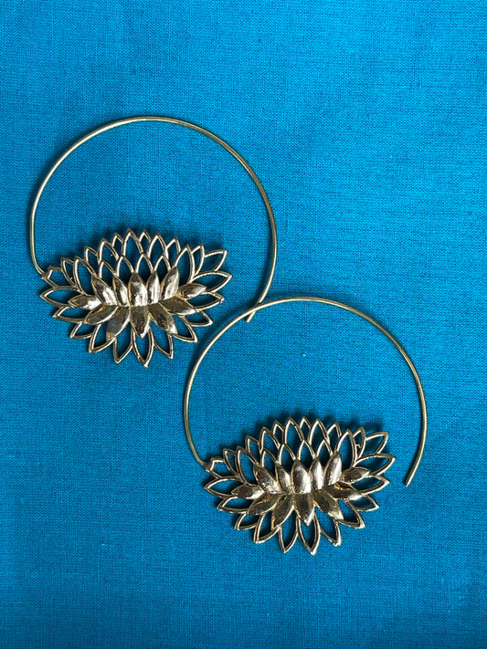 Full bloom lotus - brass side hooks earrings