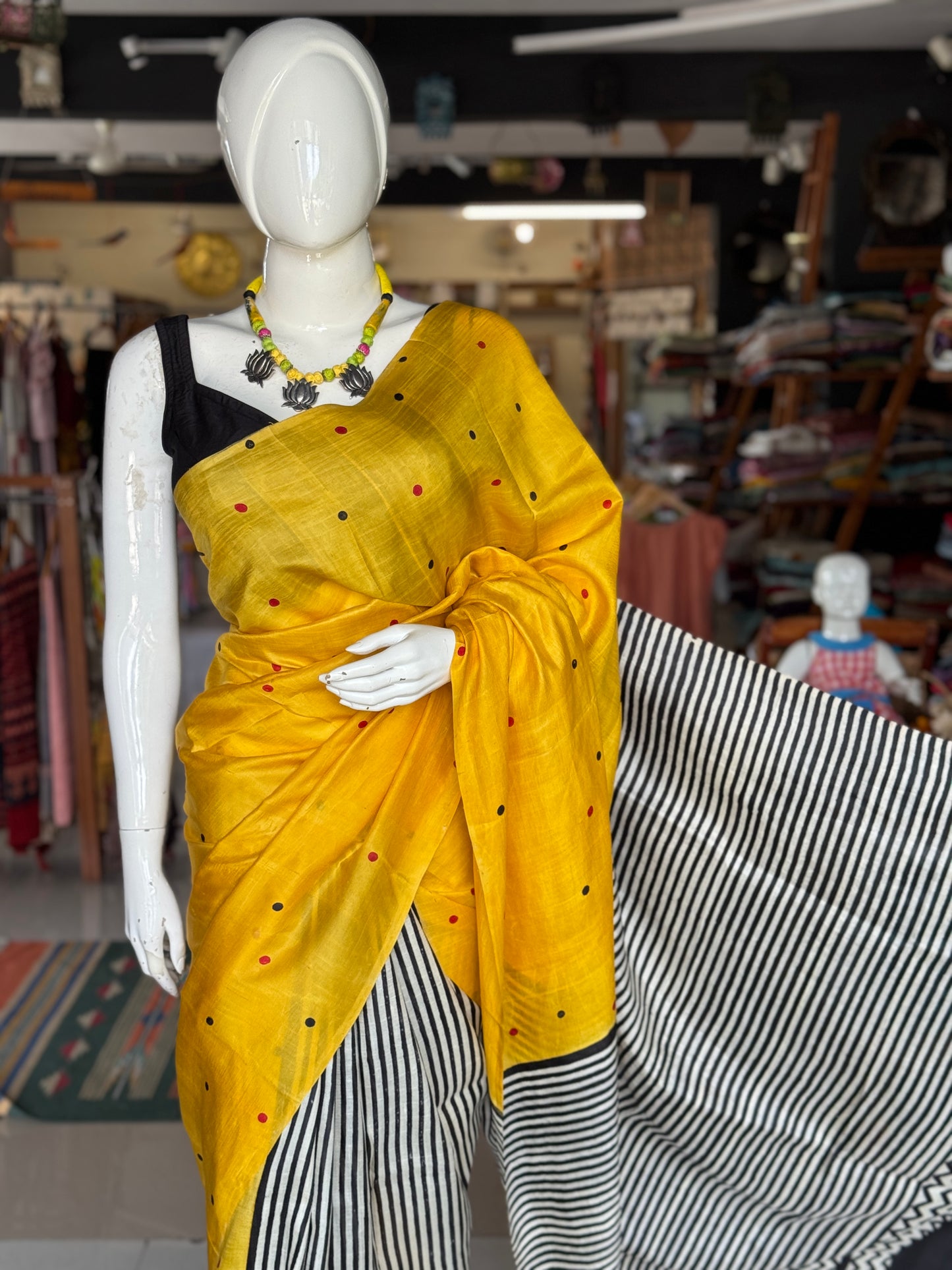 Yellow dots, black n white stripes hand crafted pure tussar silk saree - patli Pallu style
