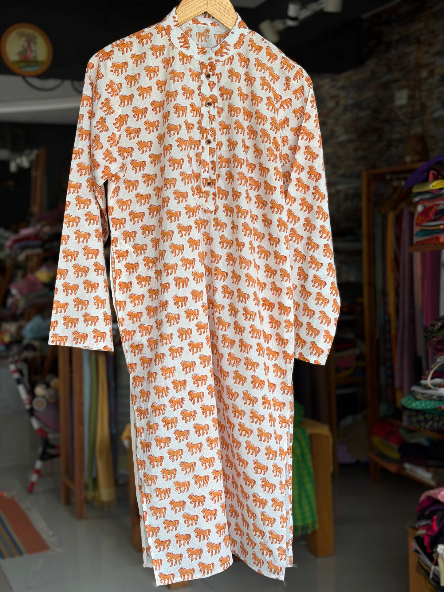 White and orange horse design hand block printed long cotton kurta for boys