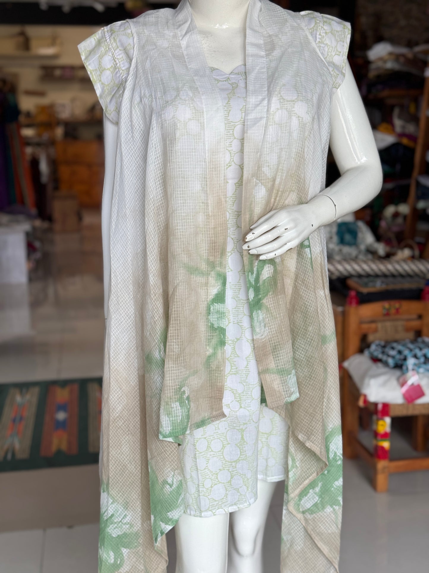 White and green flowers handpainted kota cotton shrug without sleeves