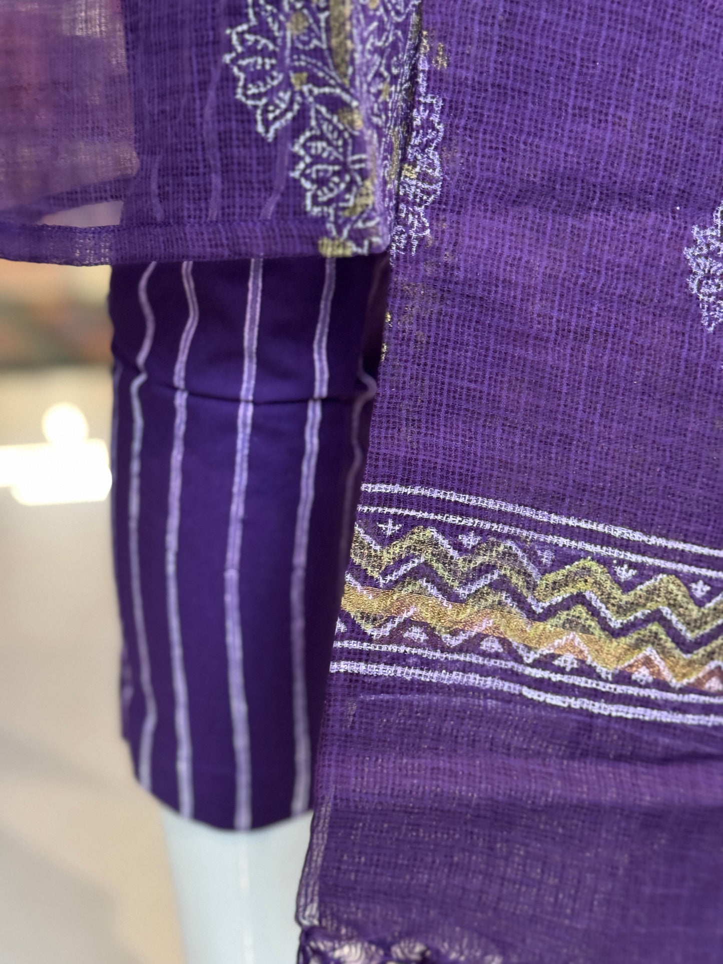 Violet hand block printed kota cotton straight kurti, pants and dupatta set - with hand embroidery