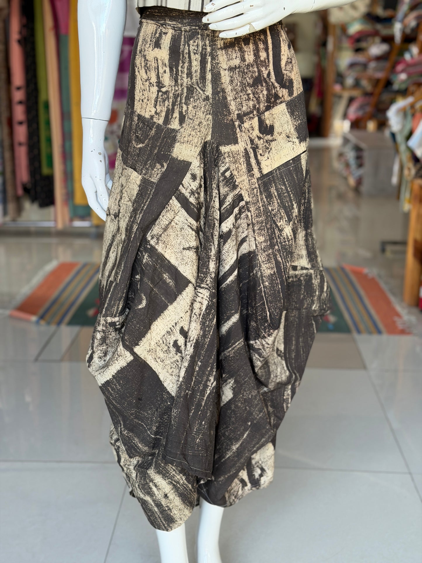 Black and beige Ajrakh natural dyed, hand block printed cotton designer skirt - with pockets