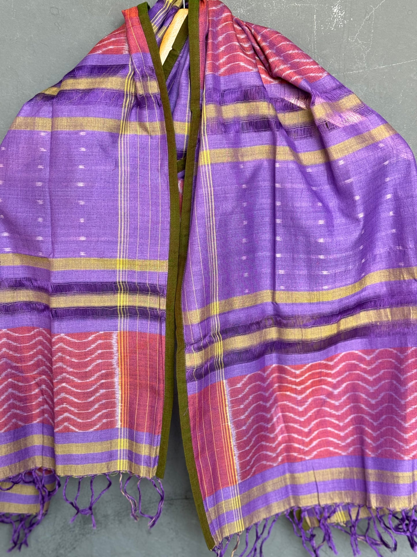 Lavender and red dots and waves cotton handloom ikat stole