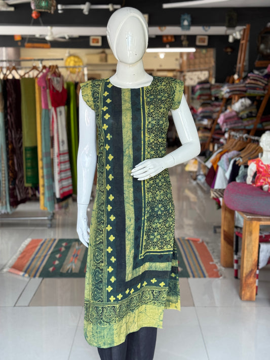 Green and yellow Ajrakh hand block printed cotton straight kurti with diamond pattern