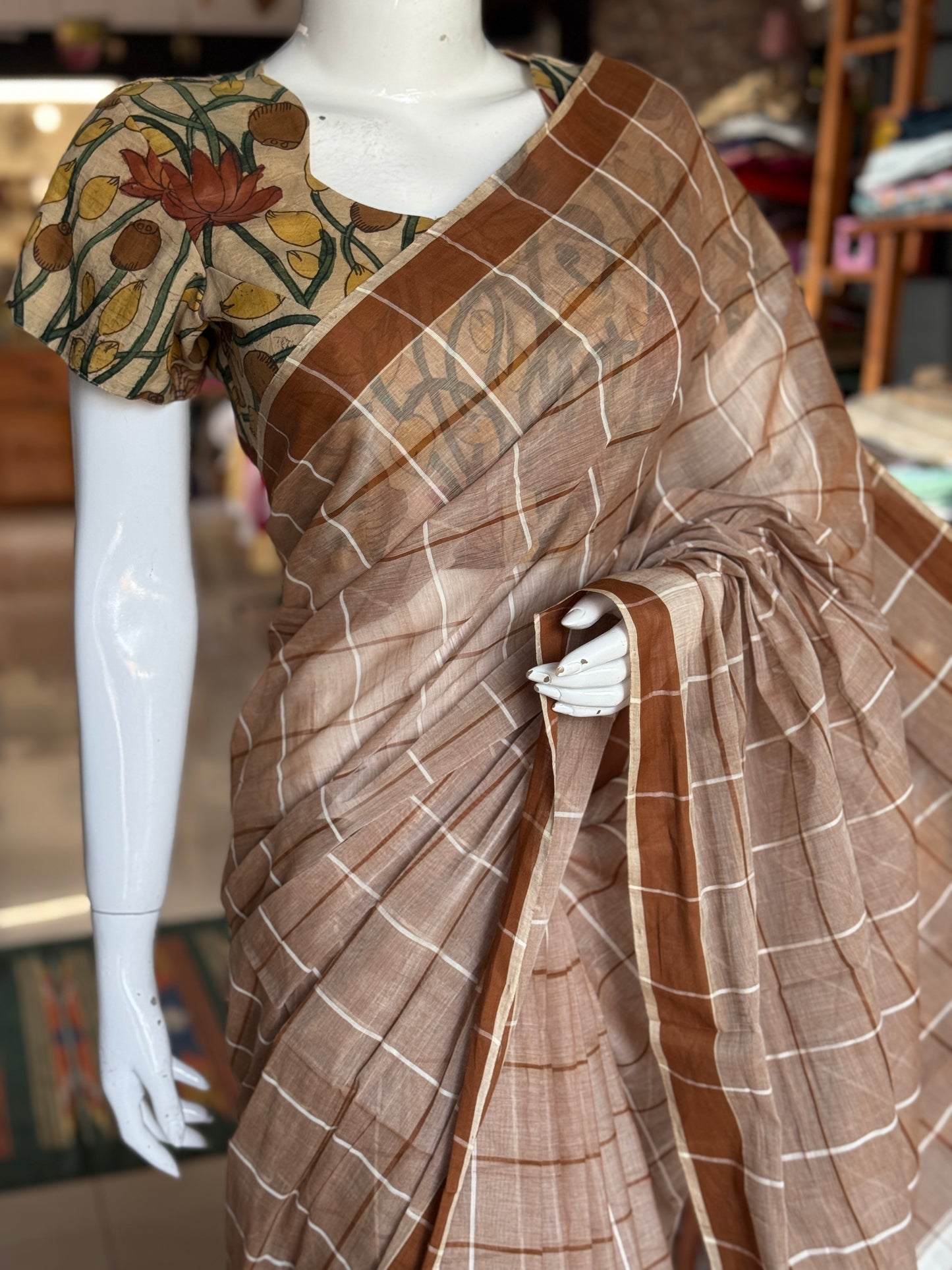 Checkered light weight soft handloom Bobbili cotton saree - multiple colors available