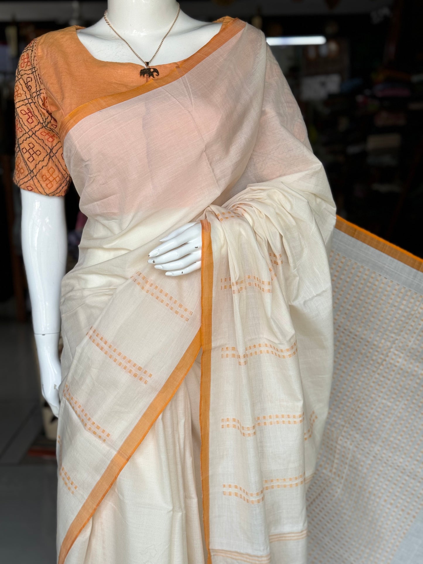 Cream pure soft cotton Kodiyala handloom saree with rust orange square butis