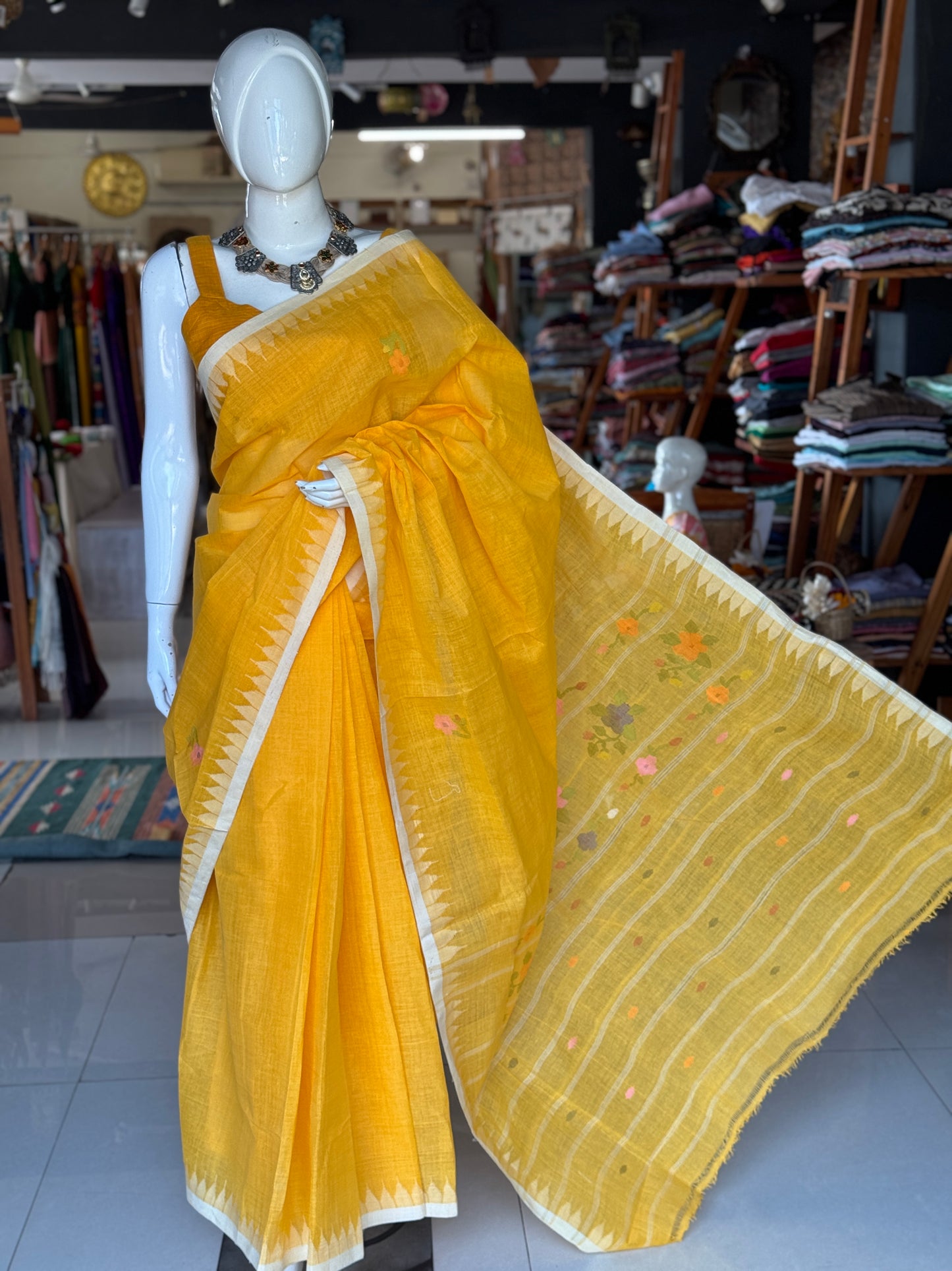 Auspicious yellow cotton handwoven Manipuri Moirangphi saree