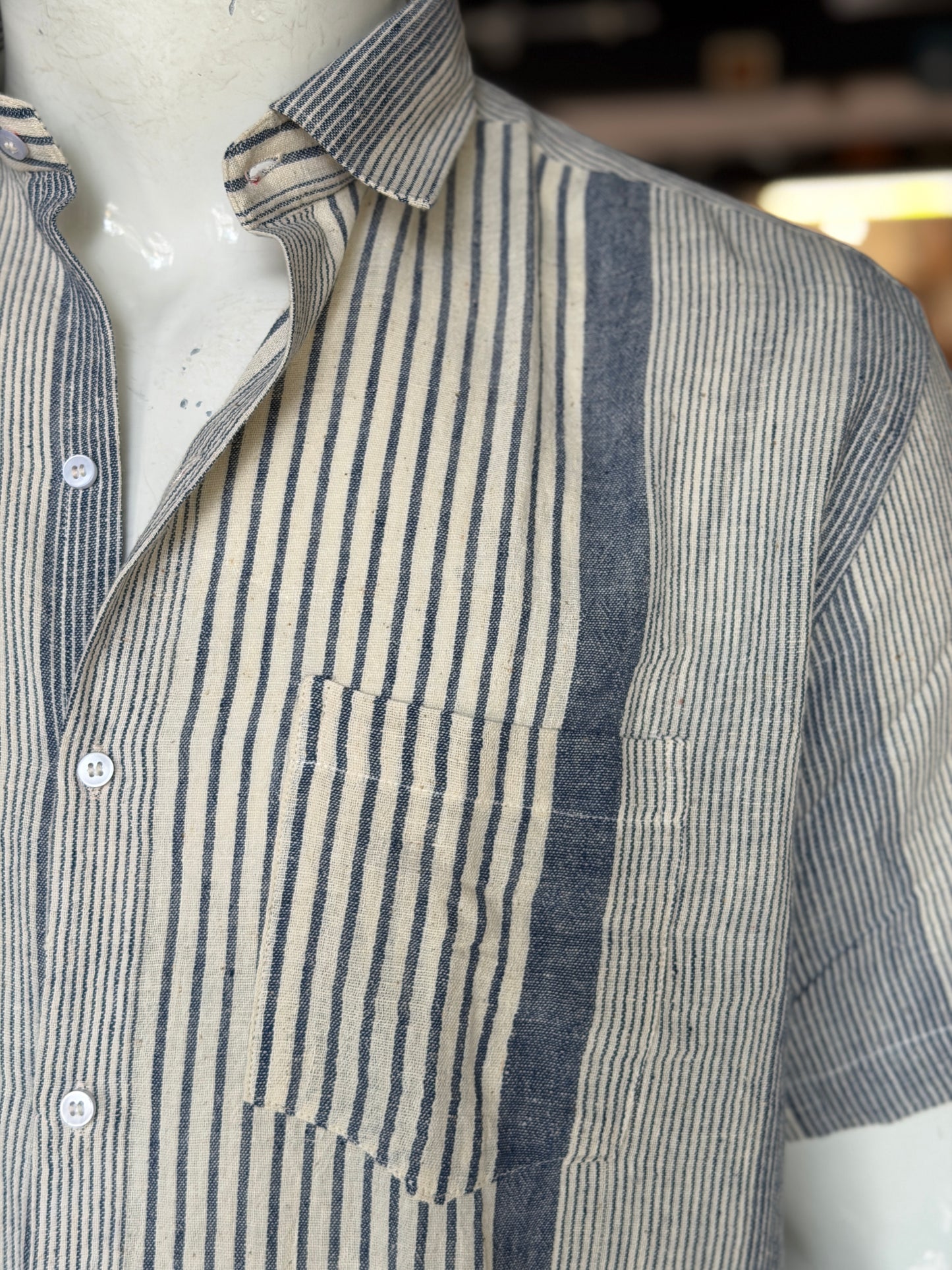 Indigo stripes handwoven kala cotton half sleeves shirt for men - click to see sizes available