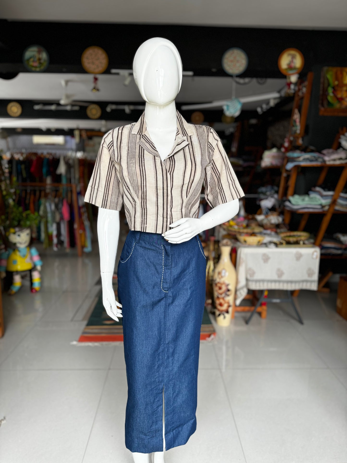 Blue denim skirt with hand stitch detailing