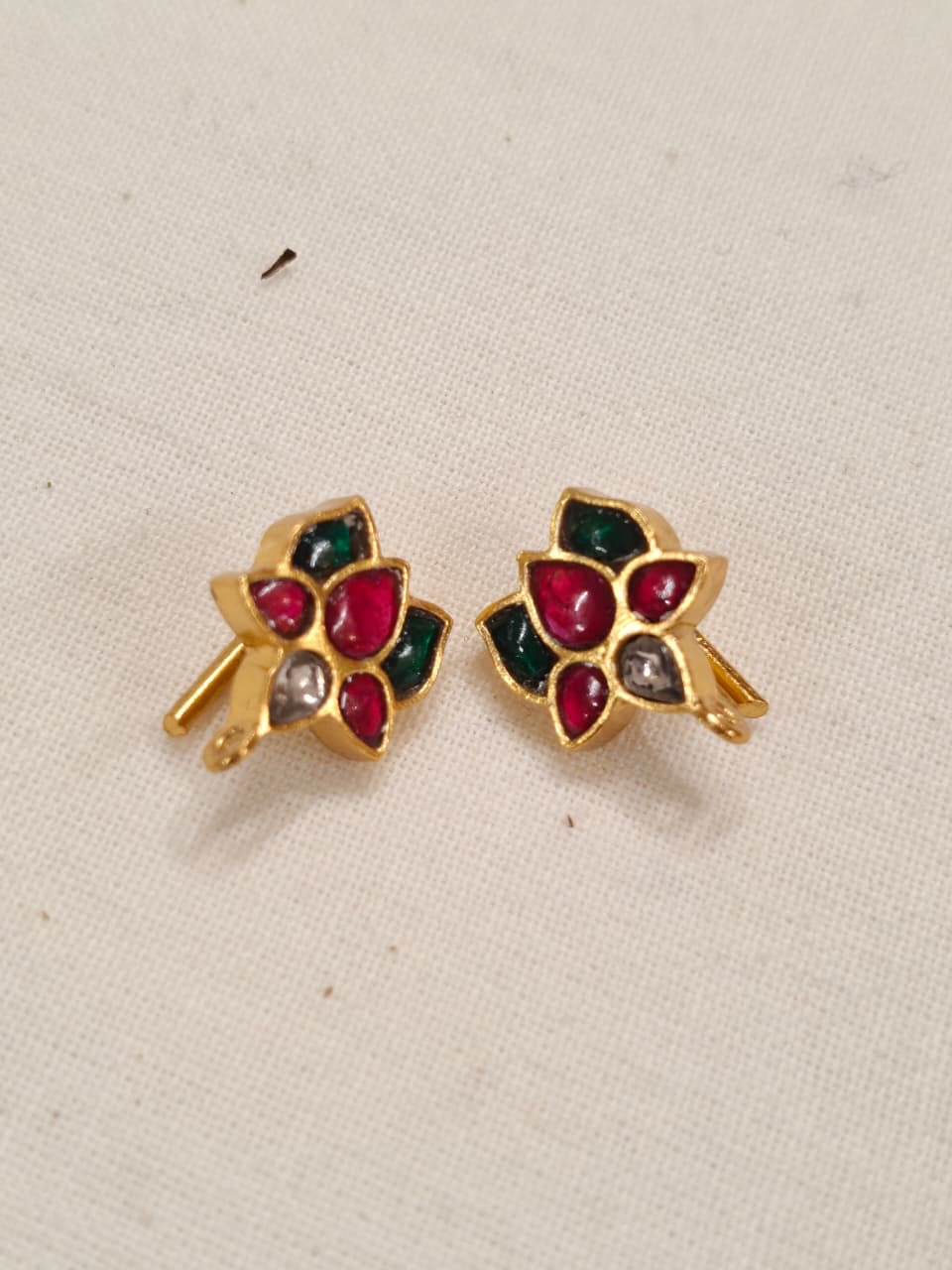 Small Lotus silver ear hooks in Pink and green stones