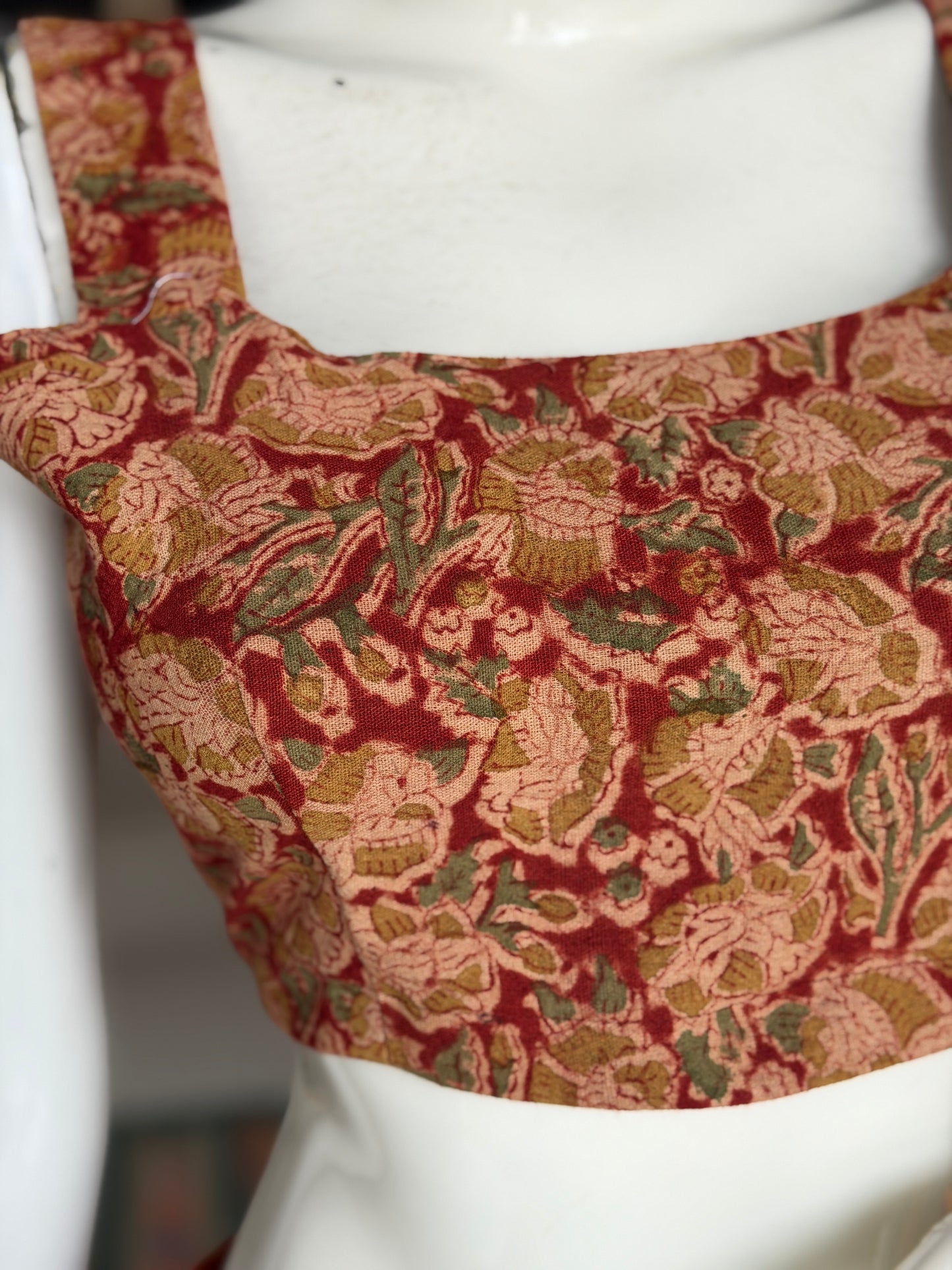 Red Kalamkari hand block printed floral cotton sleeveless blouse