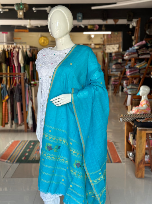 Blue Dhakai handloom cotton dupatta with geometric motifs