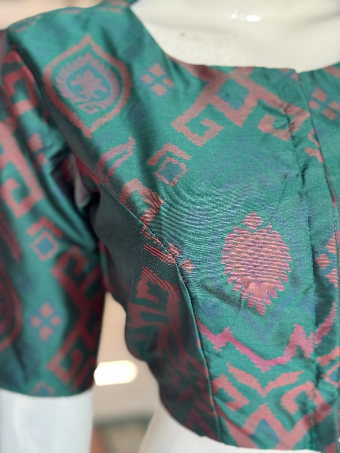 Dark green and brown princess cut front open blouse with lining