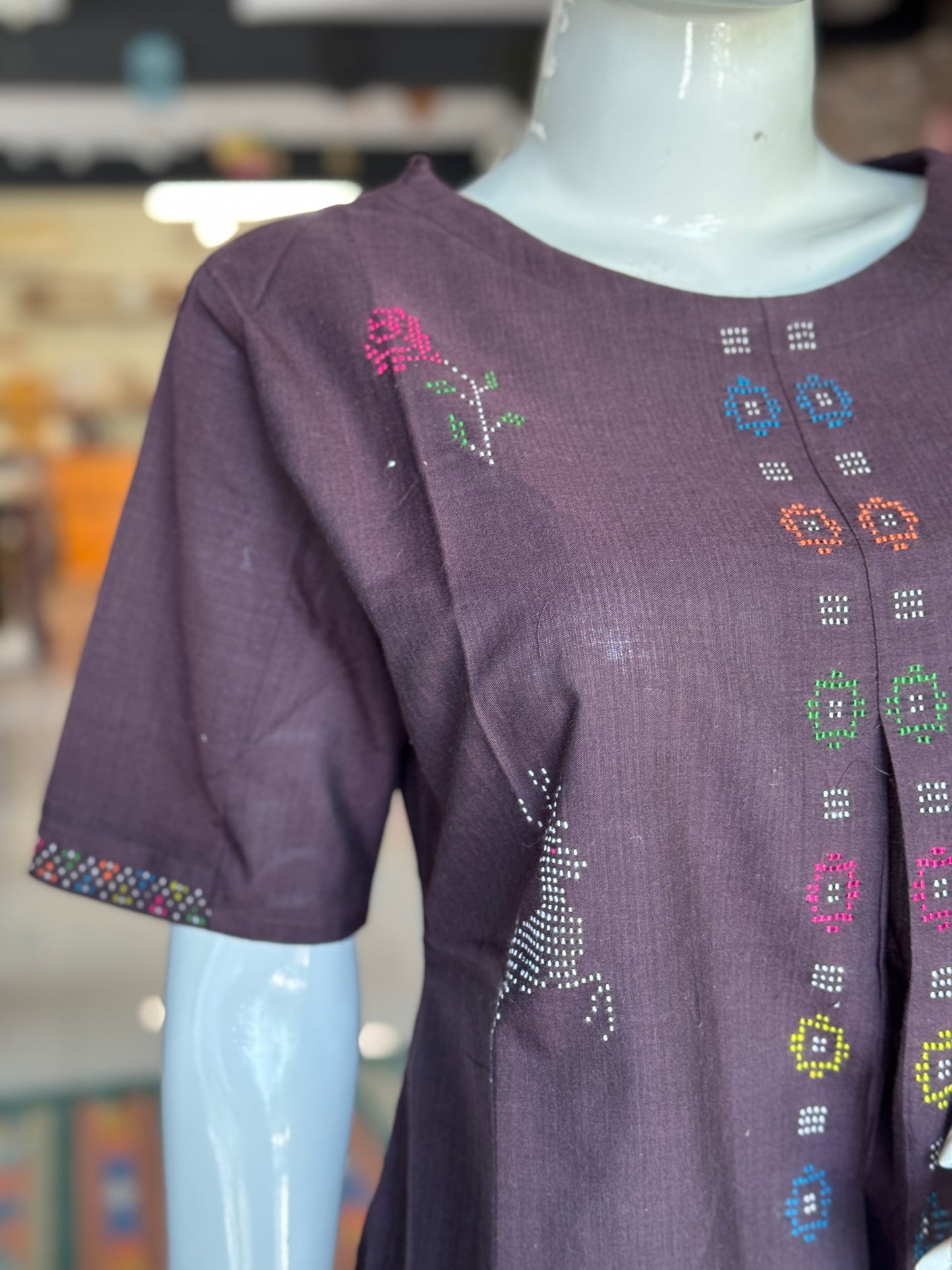 Brown Tangaliya handloom cotton top with peacock, rose n deer motifs