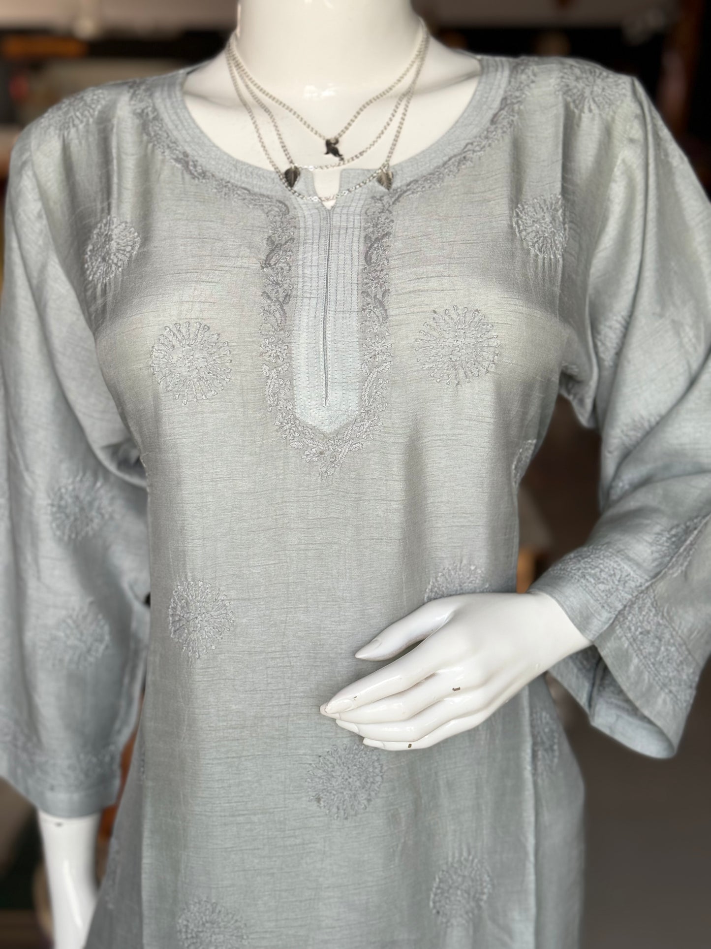 Grey chikankari hand embroidered straight cuts raw silk kurti