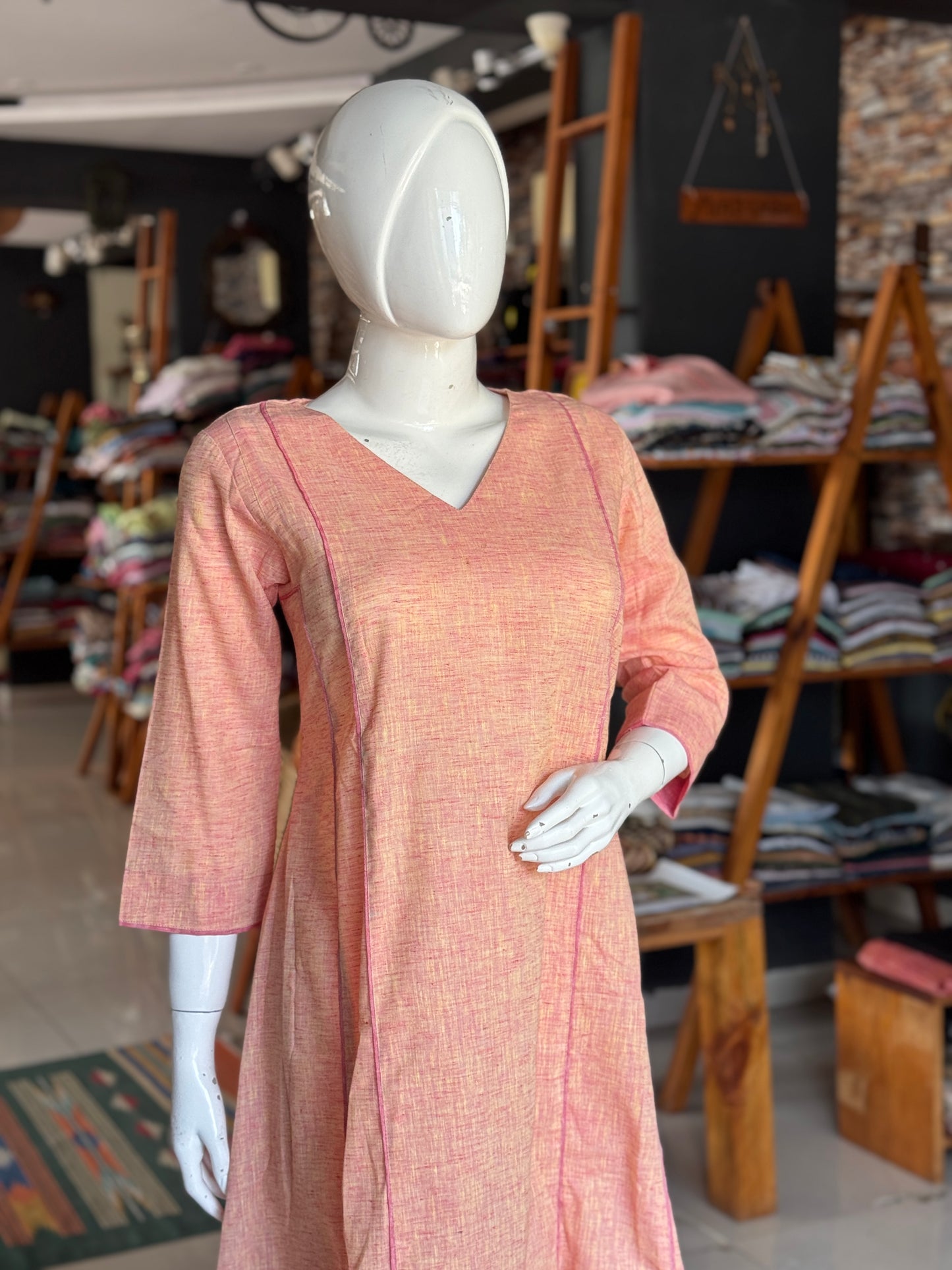 Yellow Pink v-neck panels cotton kurta n pants - 2 piece coord set