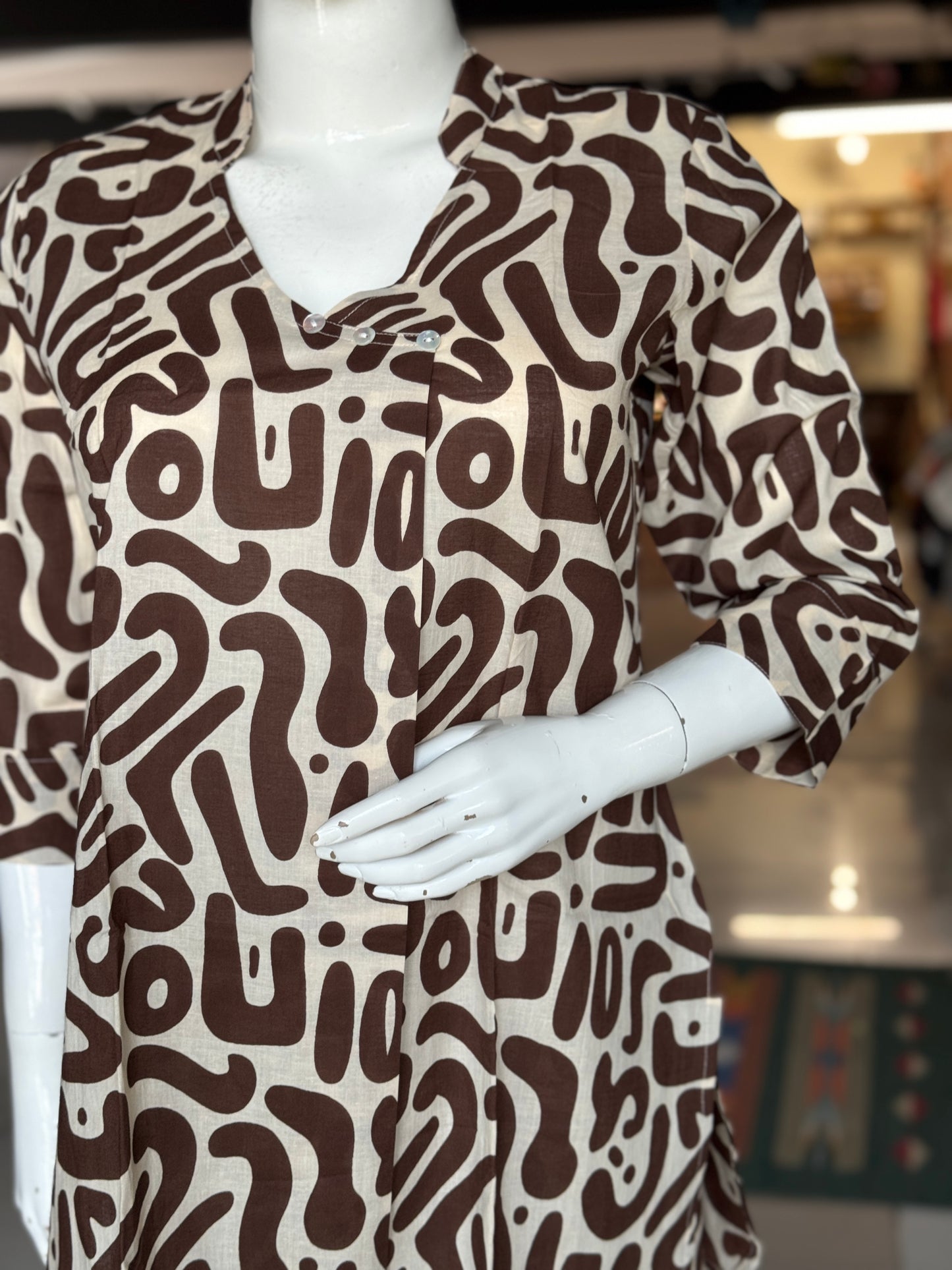 Cream and brown printed cotton 2 piece lounge wear / coord set