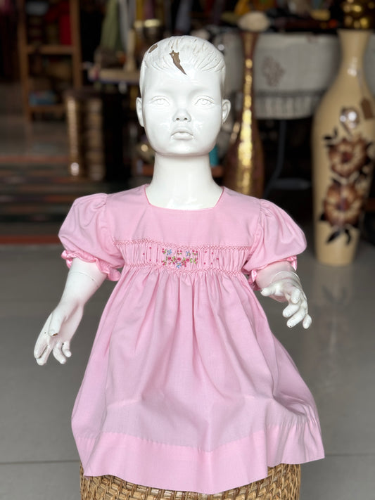 Pink smocking square neck cotton frock with hand embroidery and pink trims