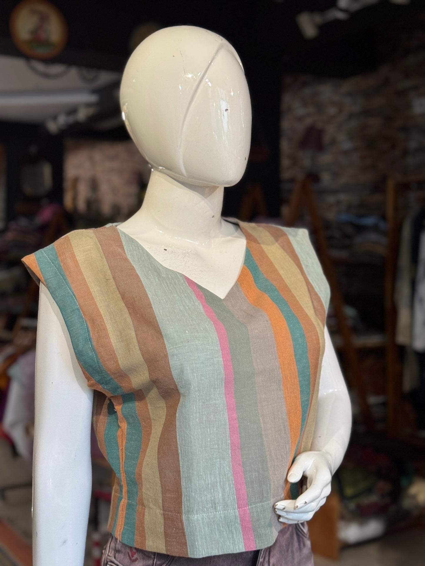 Multi colored stripes kala cotton handloom top with shoulder sleeves