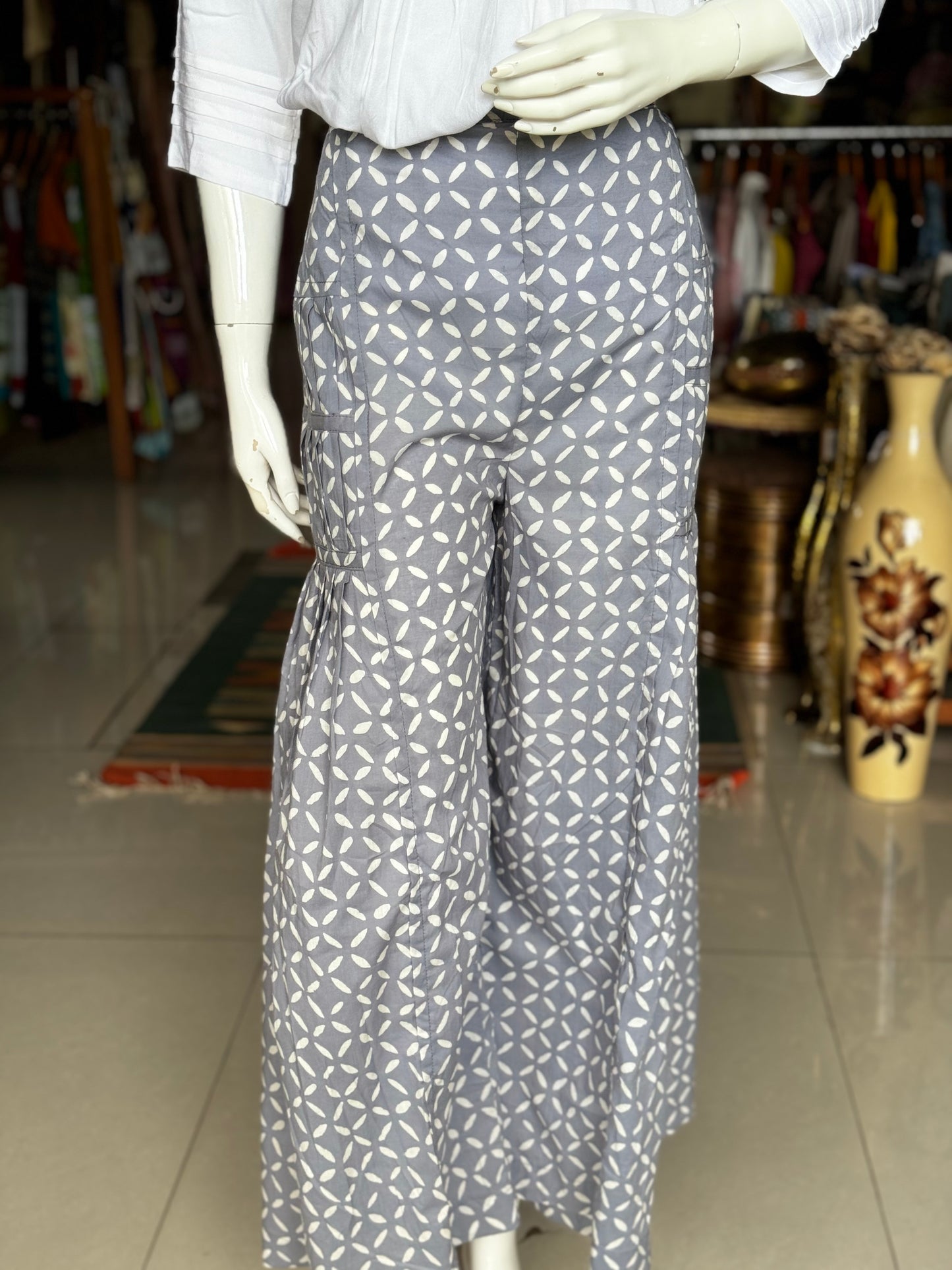 Grey petals hand block print cotton plazo pants with side pintucks