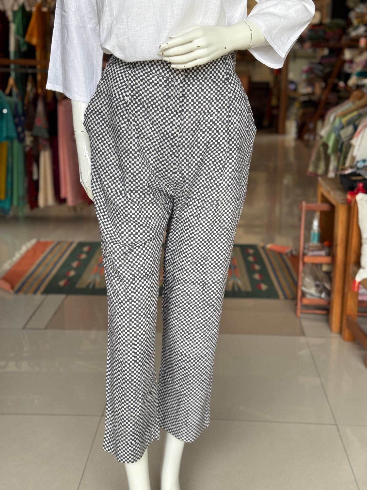 Fine checks handblock printed cotton pants