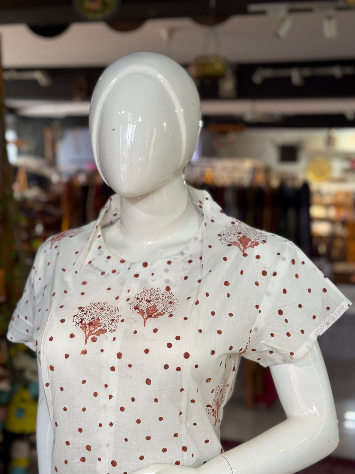 White and brown hand block printed cotton short kurti / top