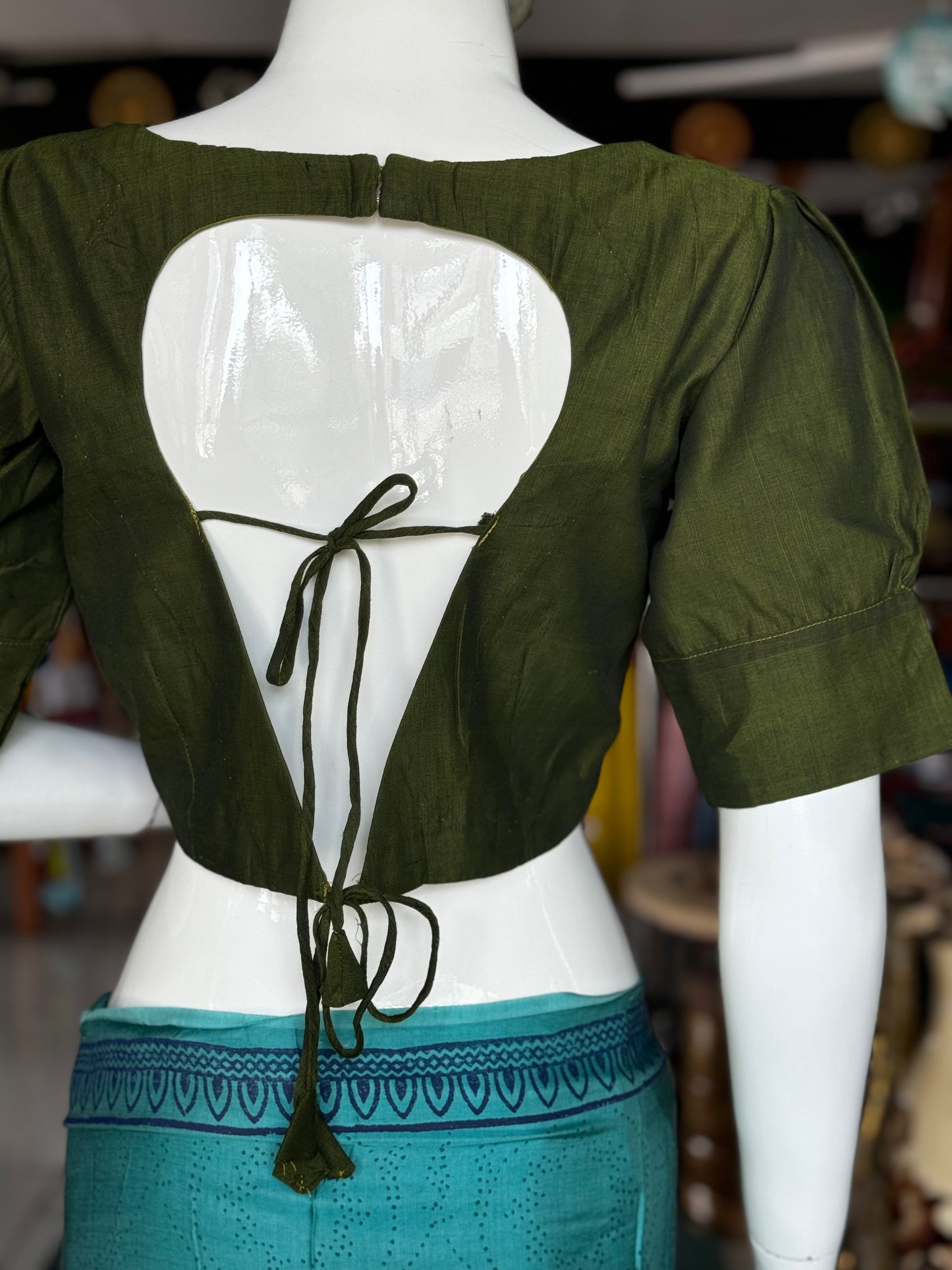 Dark green handloom cotton back open blouse with cut back and doris