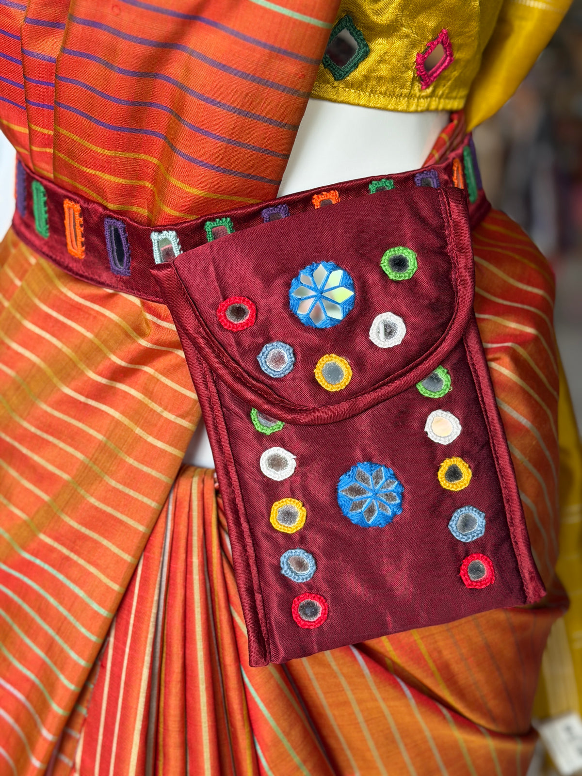 Mashru belt with attached phone pouch - hand embroidered mirror work