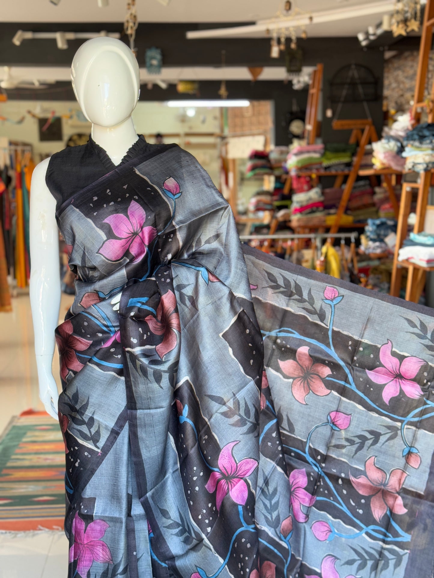 Black and grey hand painted pure tussar silk saree - flowers and rectangular bars