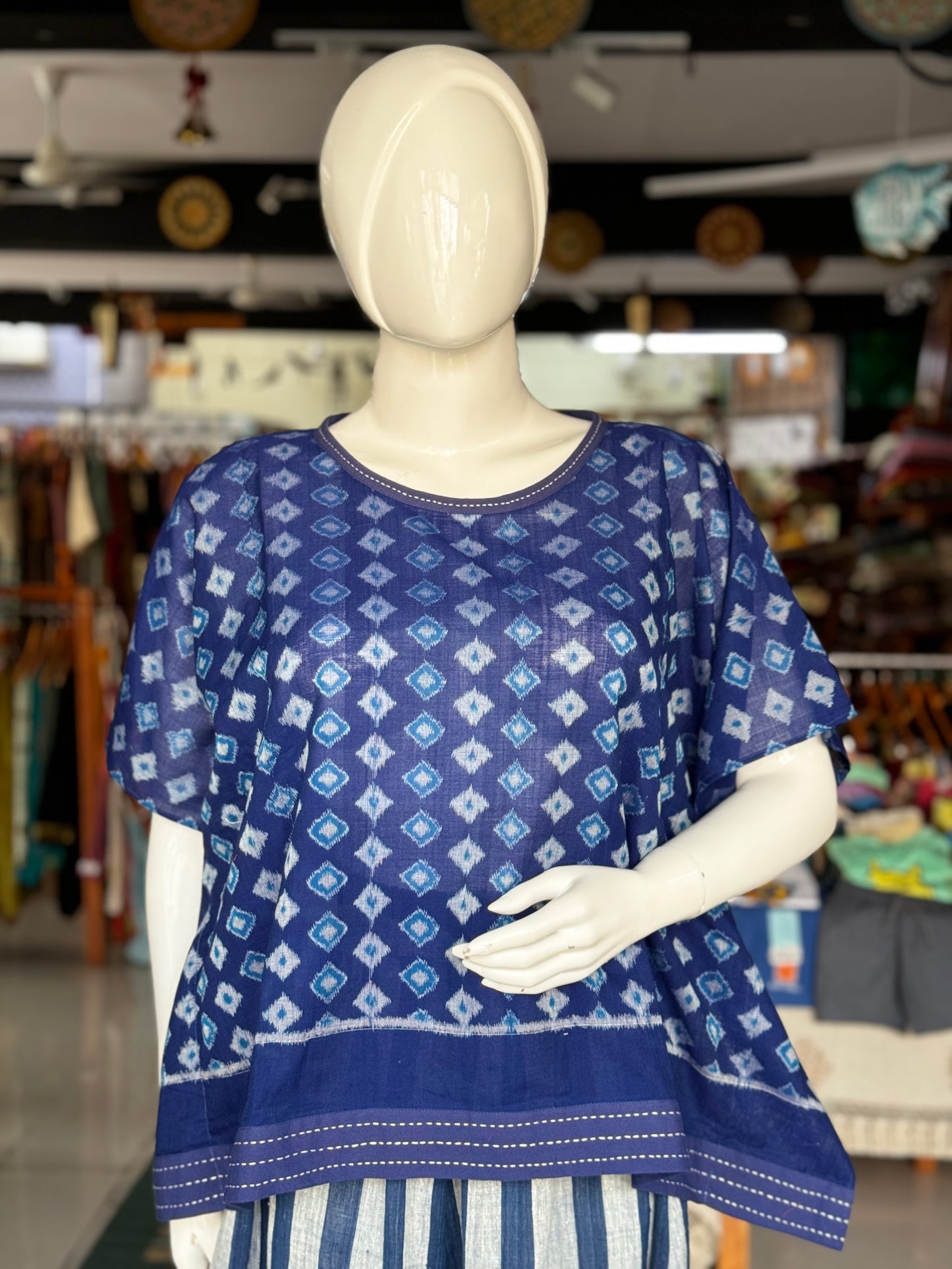 Blue diamonds design cotton handloom soft ikat kaftan top with hand embroidery detailing