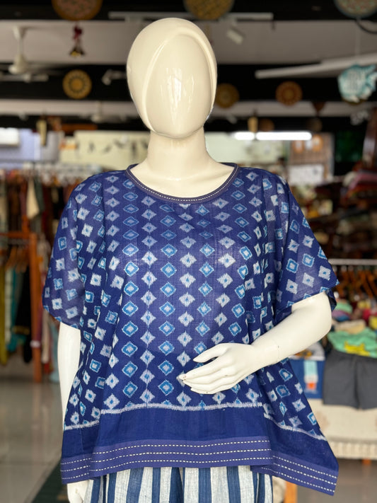 Blue diamonds design cotton handloom soft ikat kaftan top with hand embroidery detailing