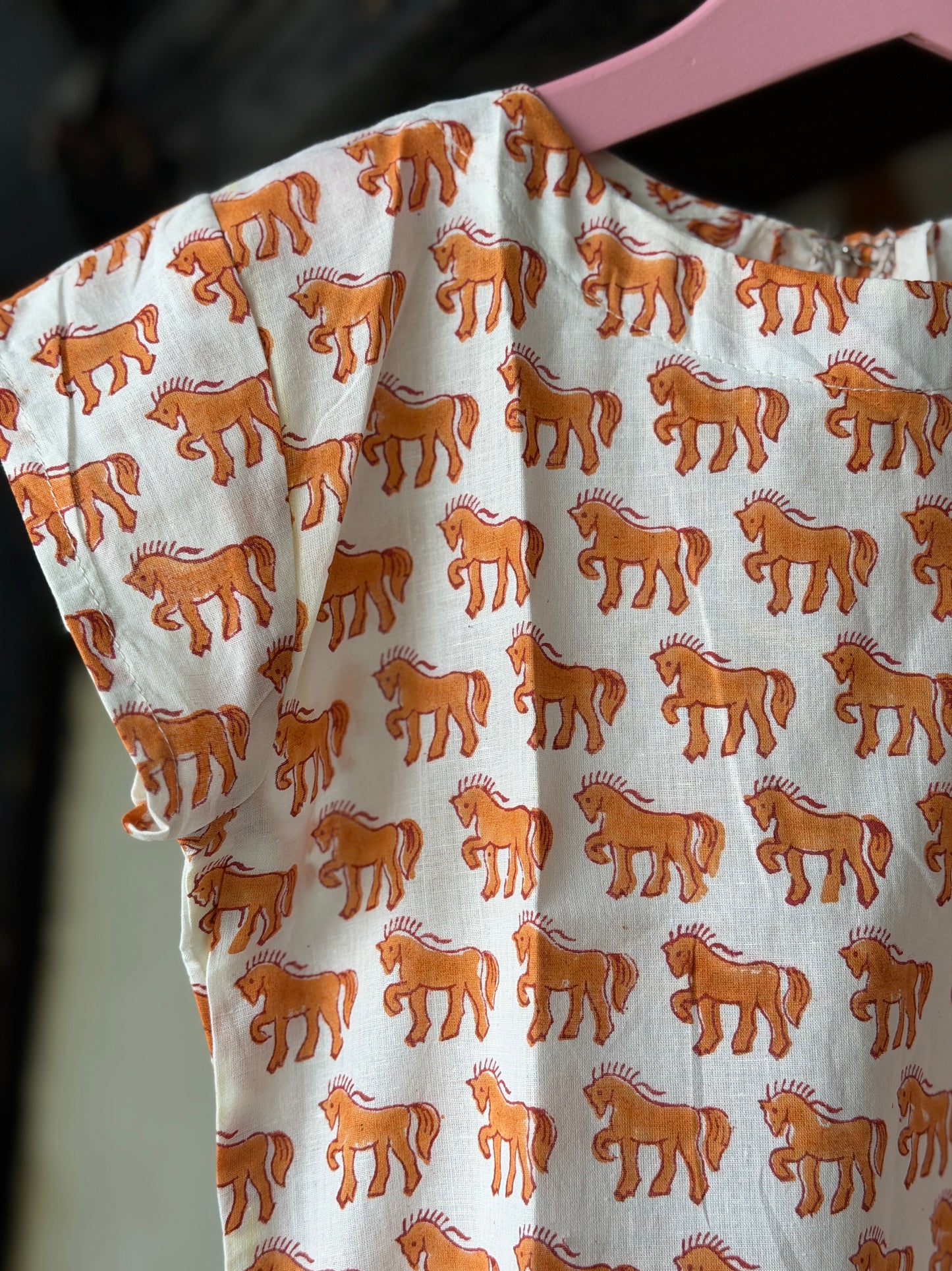 White and orange horses print cotton straight cut Kurti for girls - hand block printed