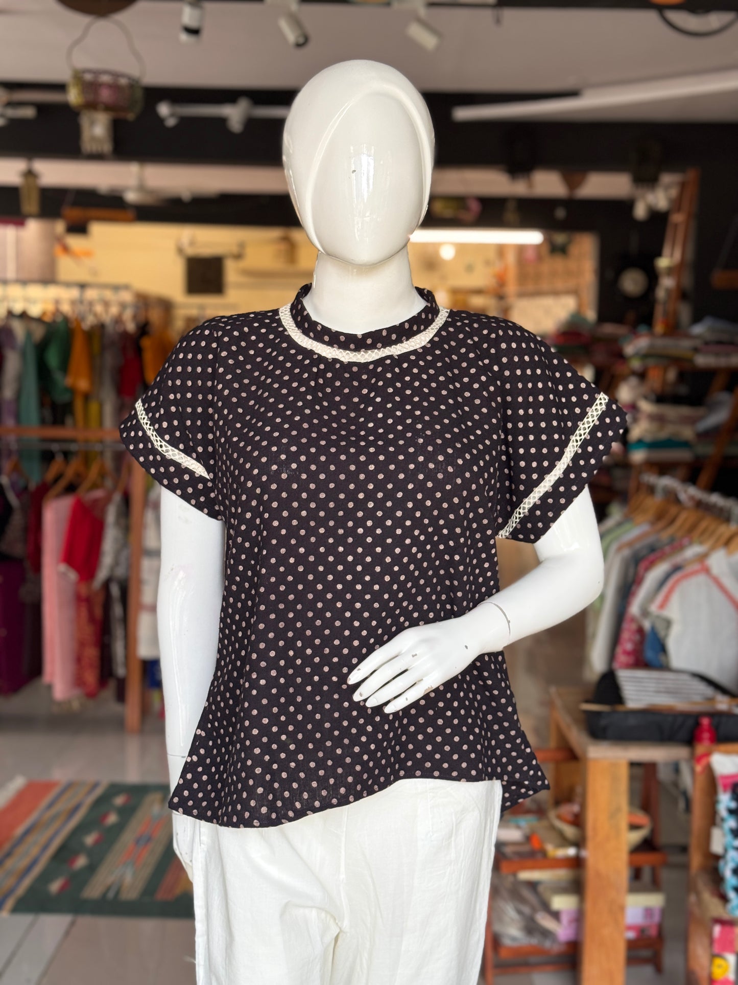 Black polka dots hand woven organic kala cotton top with lace detailing - hand block printed, natural dyed, hand woven