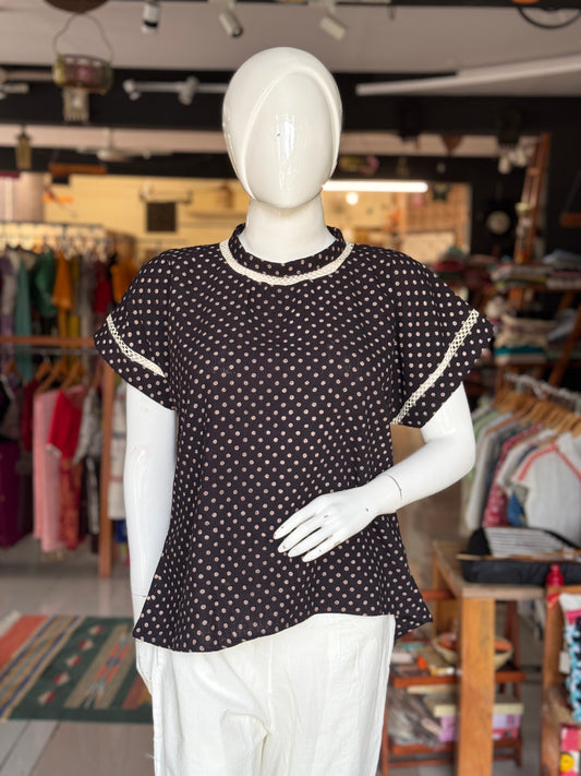 Black polka dots hand woven organic kala cotton top with lace detailing - hand block printed, natural dyed, hand woven