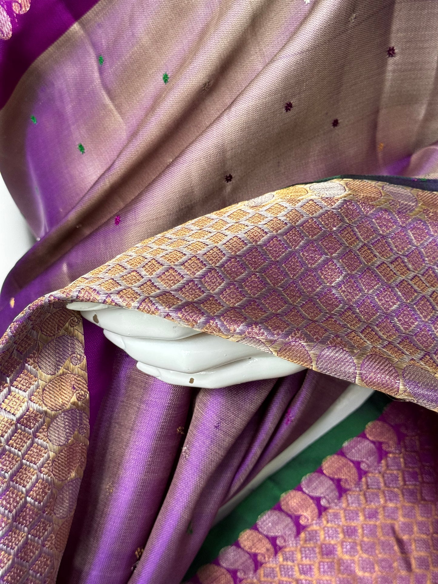 Purple and gold dual tone pure silk twill weave handwoven Gadwal saree with green selvedge