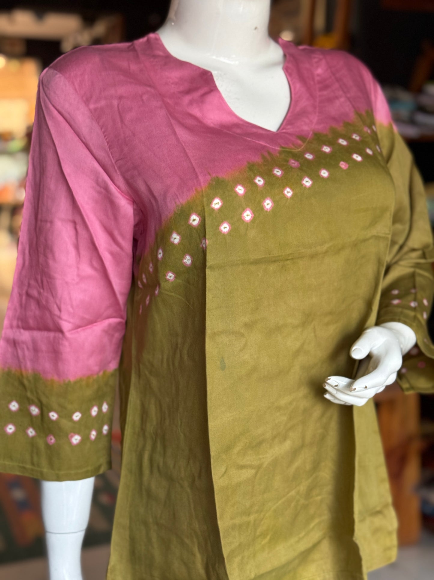 Placement bandini 3/4th sleeves tie n dye cotton tunic top / short kurti - multiple colors n designs available