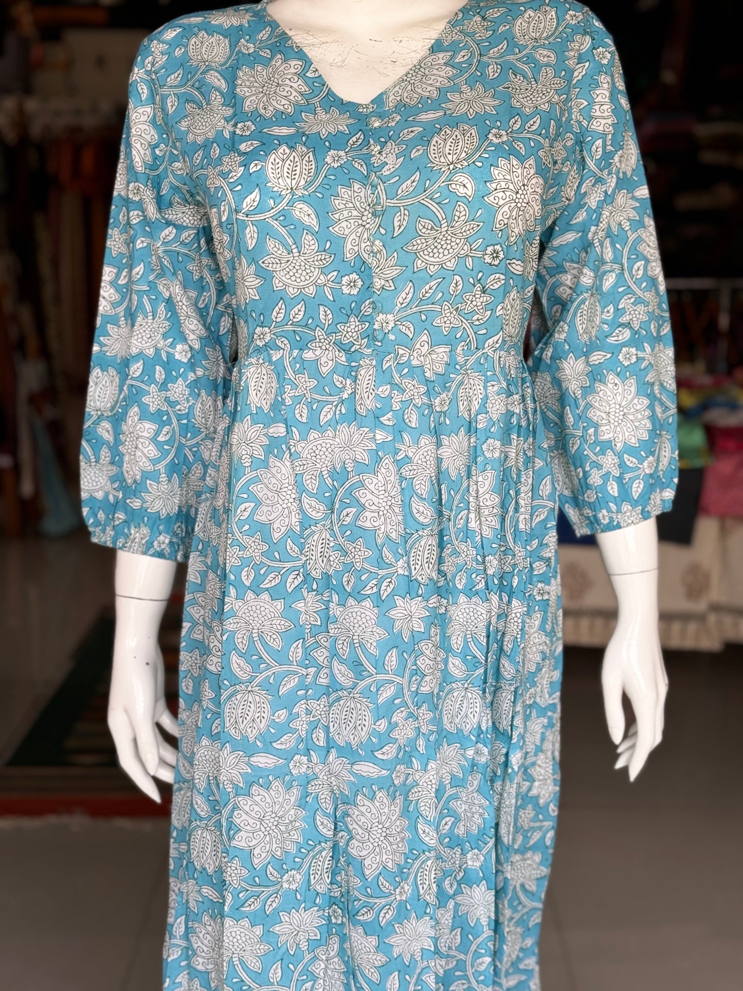 Light Blue floral long maxi cotton dress with gathers